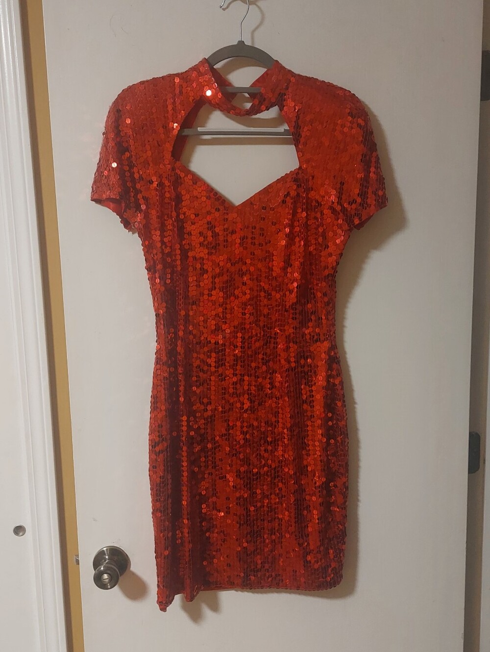 Red Sequin Cutout Short Sleeve Dress